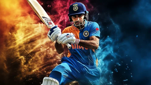 Cricketer in blue kit playing front-foot stroke digital art.