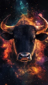 Cosmic bull emerging from vibrant nebula clouds in space.