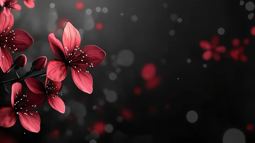Red floral arrangement against dark background with bokeh particles.