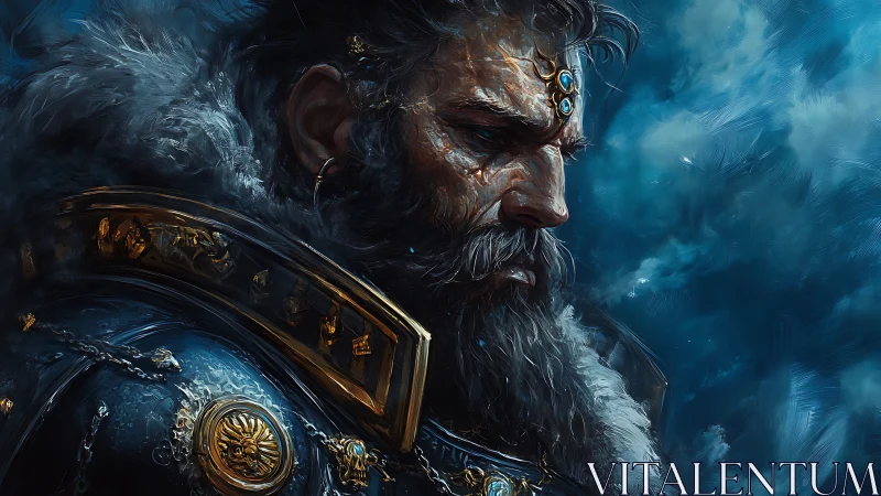 Armored frost king profile with jeweled circlet and sigil armor.