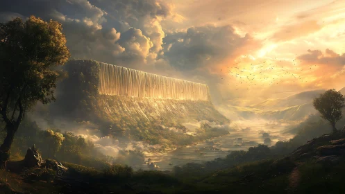 Golden waterfall plateau dominates misty fantasy valley