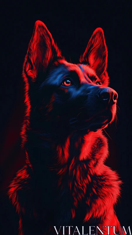 Loyal night watch dog glowing in vivid red light.