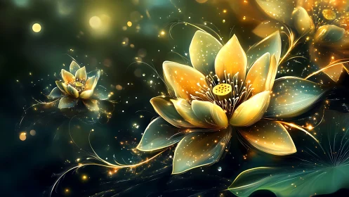 Luminous lotus blossoms rendered with bokeh, glow effects and radial light gradients