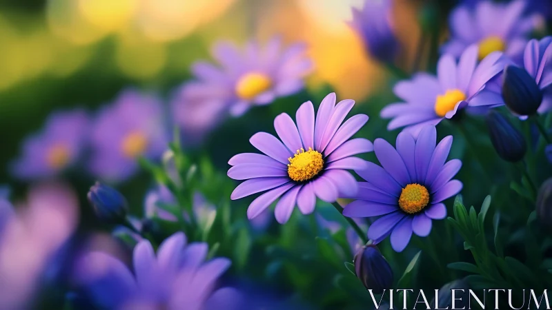 Purple Daisy Flowers in Soft Focus Garden.