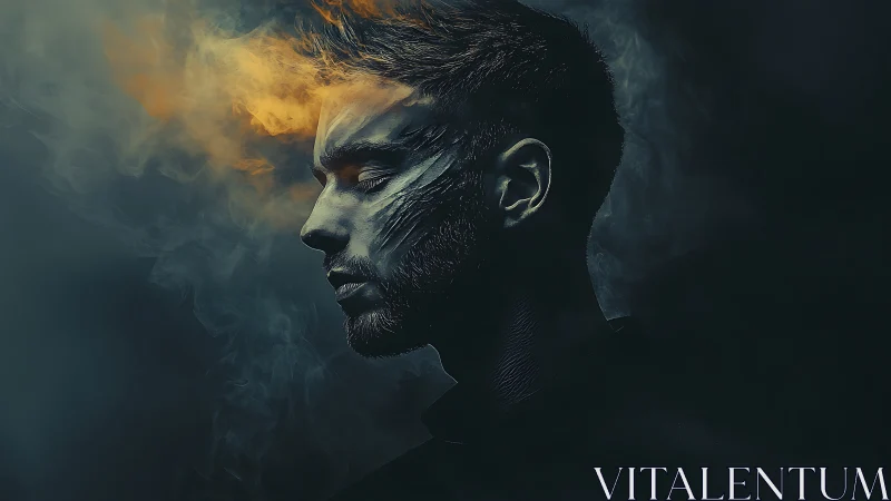 Profile view shows male head merging with smoke and light