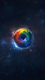 Color spectrum ring floats centrally within deep star field