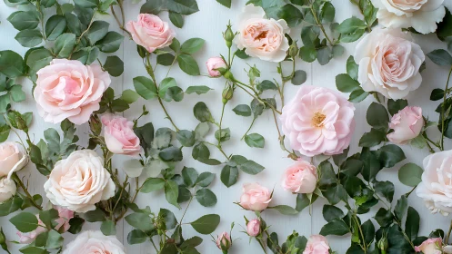 Layered Rose Composition with Eucalyptus Foliage Against White Textured Surface