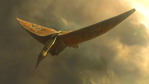 Ornate pterosaur-inspired glider with engraved bronze wings.