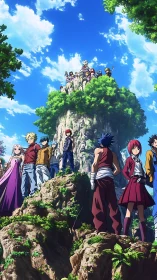 Anime heroes gather on towering forest cliff under sky.
