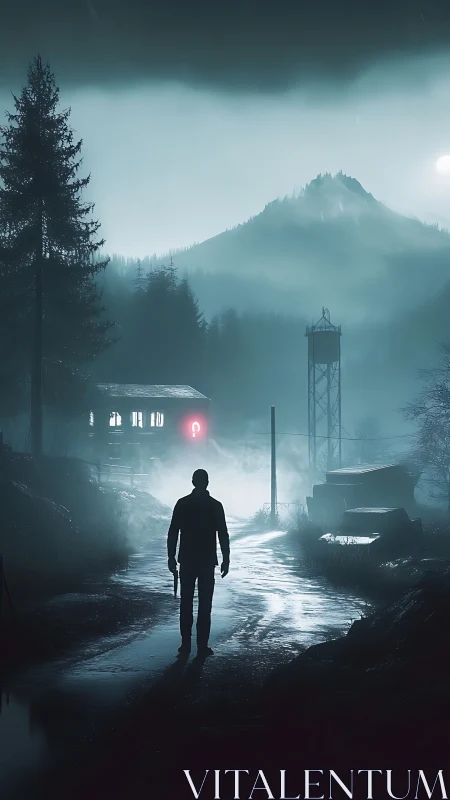 Mystery traveler walks a misty road toward a glowing cabin