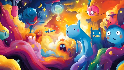 Chromatic nebula populated by stylized blob creatures in motion