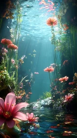 Underwater floral canyon glows with refracted sunbeams.
