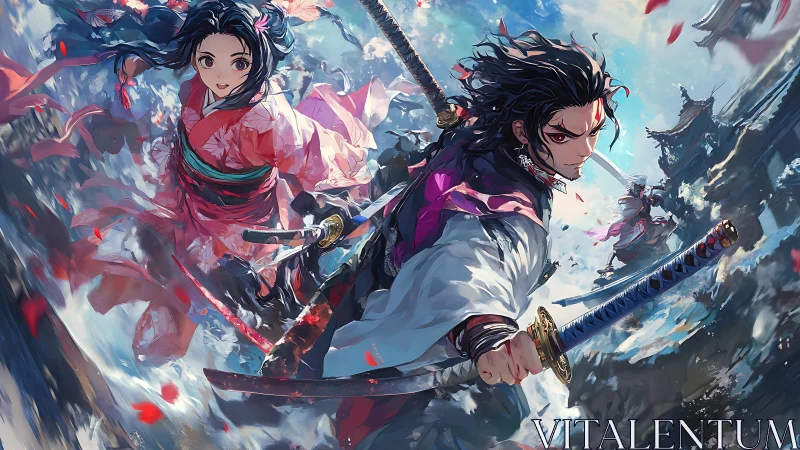 Samurai duo in dynamic skyward sword battle scene.