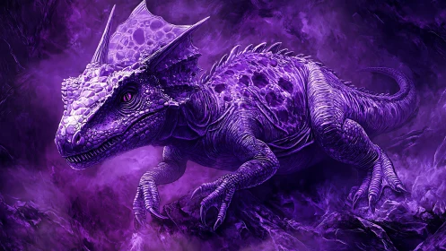 Purple reptilian dragon in misty cavern environment.