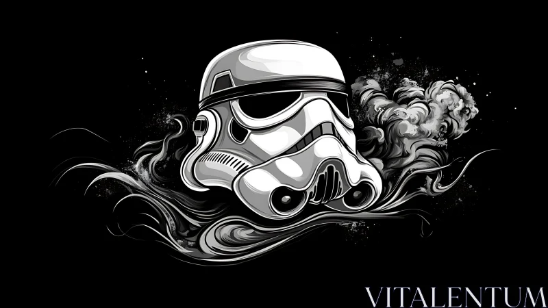 Stormtrooper helmet emerges from monochrome liquid smoke