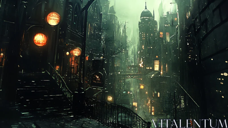 Nocturnal steampunk megacity under corrosive emerald haze.