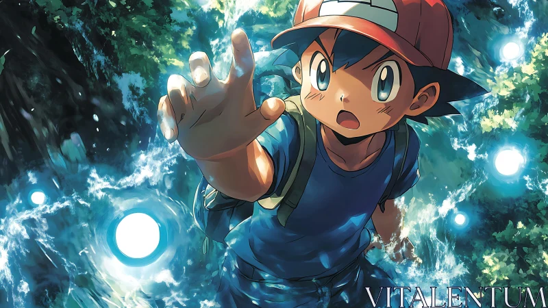 Young traveler reaching toward swirling forest lights.