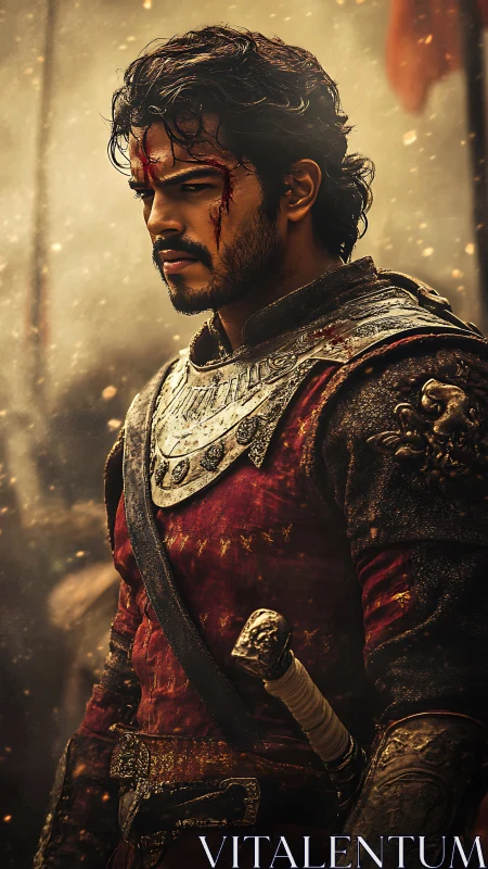 Wounded warrior stands in burning battlefield haze