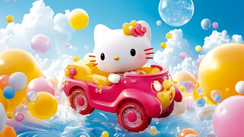 High-gloss 3D kitty figurine drives stylized car amid floating spheres