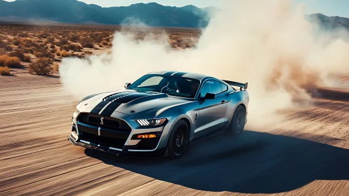 Shelby-style sports car drifts on dusty desert road at speed