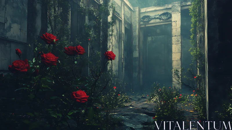 Overgrown stone corridor shows red roses in dense foreground