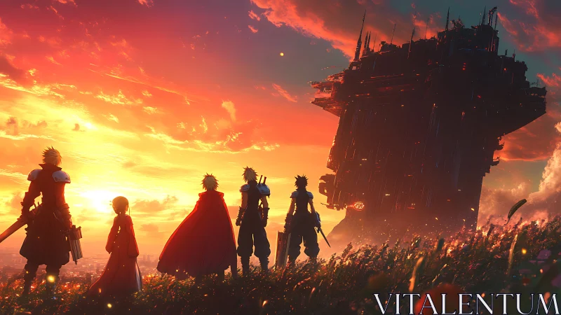 Five armed figures observe a massive floating fortress at sunset
