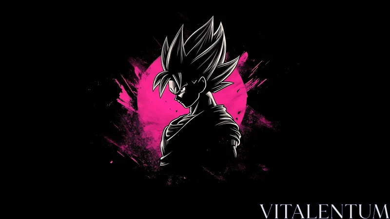 Silhouetted spiky-haired figure stands before pink circular field