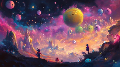 Children gaze across a dreamlike alien sky of smiling worlds.