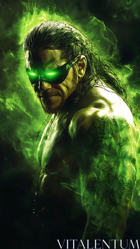 Cyber-augmented warrior in neon green spectral energy field.