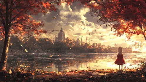 Girl in red dress facing autumn city across lake at dusk.