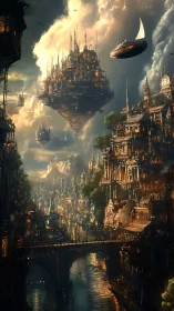 Dreamlit sky harbor of soaring steampunk cities.