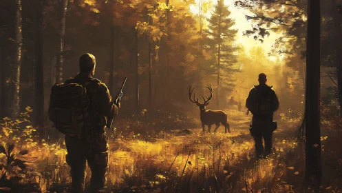 Golden Hour Hunters: Dimensional Forest Narrative in Digital Painting.