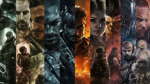 Composite vertical panels show multiple armed futuristic soldiers