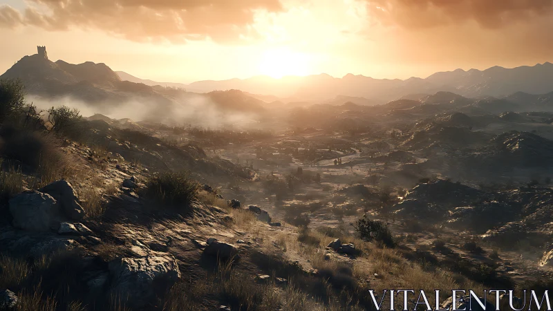 Sunlit mountain valley with misty ridges and distant ruins.