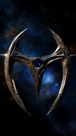 Alien trident sigil with blue core suspended in deep nebula