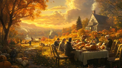 Family carving pumpkins at rural farmhouse in autumn sunset.