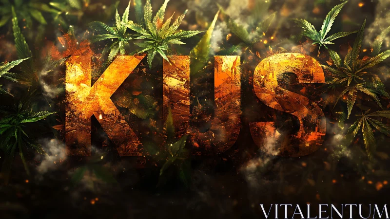 Textured KUS typography embedded in smoky cannabis foliage