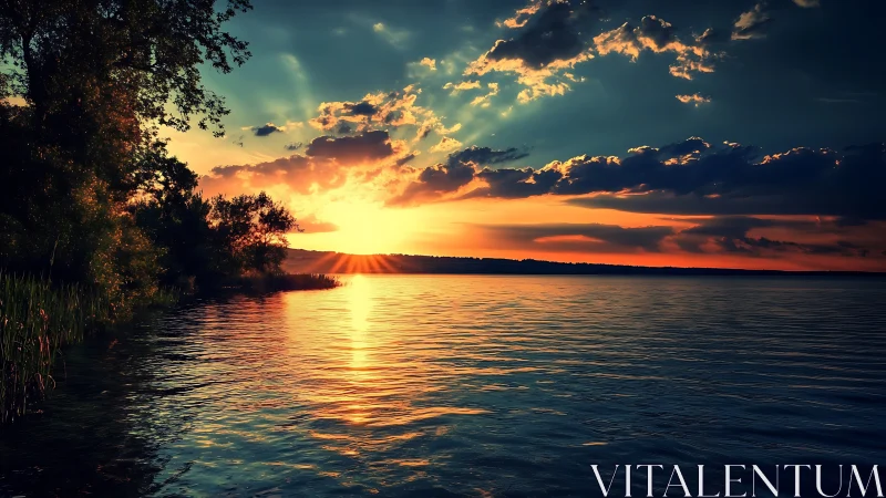 Sunset light over calm lake water and silhouetted trees.