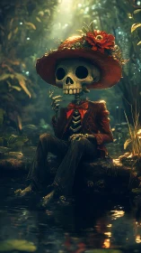 Skeleton in red suit and flowered hat sits beside forest pond