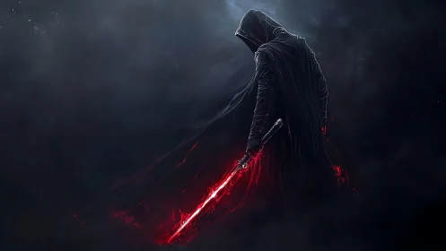 Hooded dark warrior ignites a red energy blade in misty void.