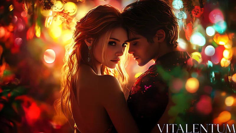 Intimate Portrait of Two Figures Against Bokeh-Rendered Golden-Red Light Environment
