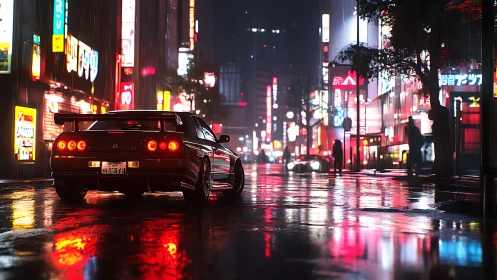Rain-soaked skyline reflects off wet asphalt around tuned GT-R