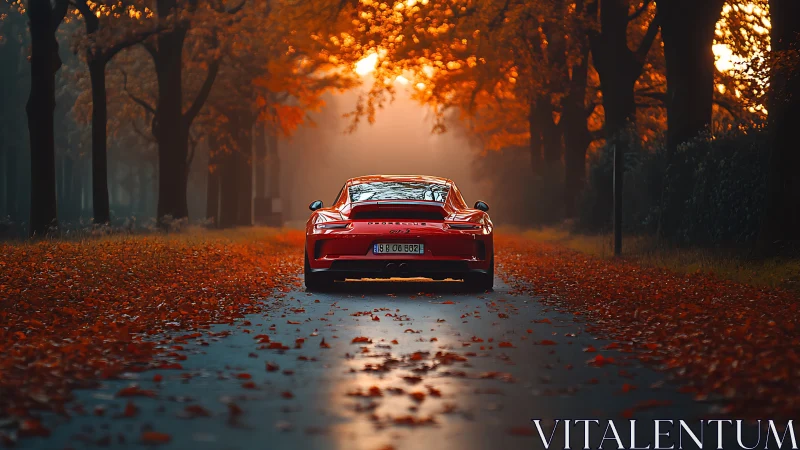 Red sports car on autumn road under orange tree canopy.