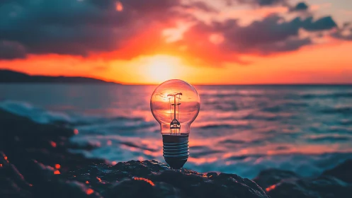 Glass bulb crowns rocky shore under saturated sunset sky.