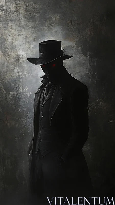 Dark-coated figure with hat stands against textured wall