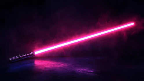 Neon saber humming over midnight vaporous starfloor.