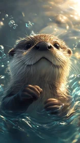 Young otter emerges from sunlit water with curious gaze