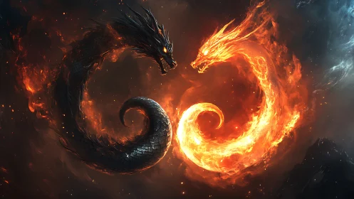Twin elemental dragons swirling in a fiery cosmic dance.
