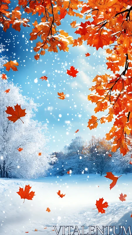 Digital seasonal crossover with falling maple foliage composition.