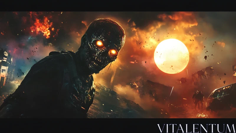 Cyborg skull soldier in apocalyptic inferno against burning sun